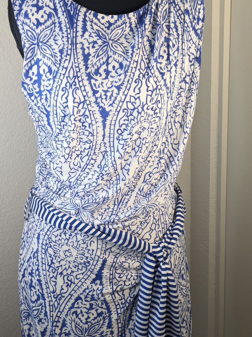 MNG by Mango Blue White Paisley Print Sheath Dress Tie Waist Size Small